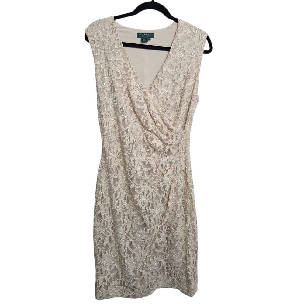 Lauren Ralph Lauren V-Neck‎ Floral Sequined Lace Dress Ivory Midi Dress SZ 10
